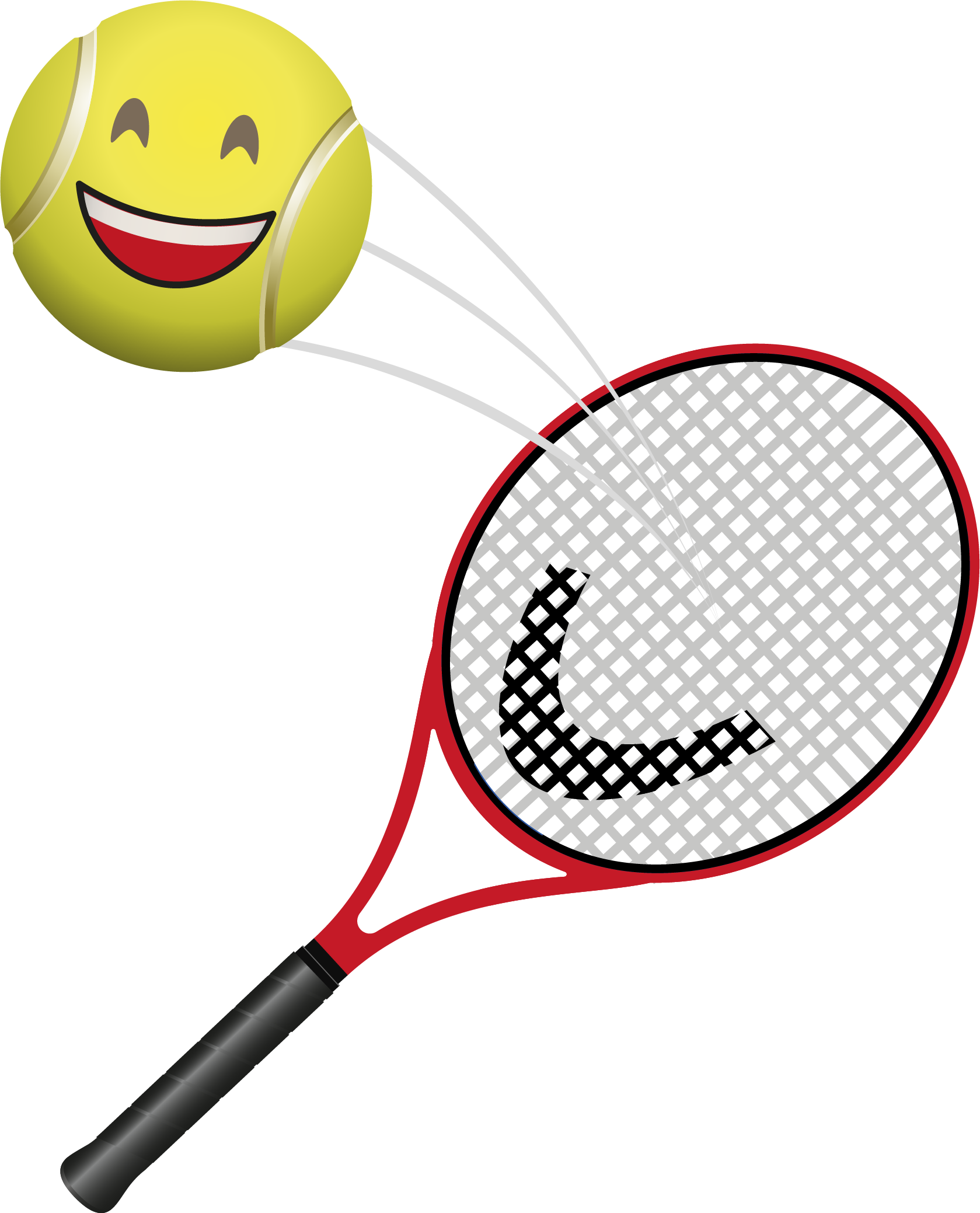 tennisracket dat een getekende lachende tennisbal wegslaat